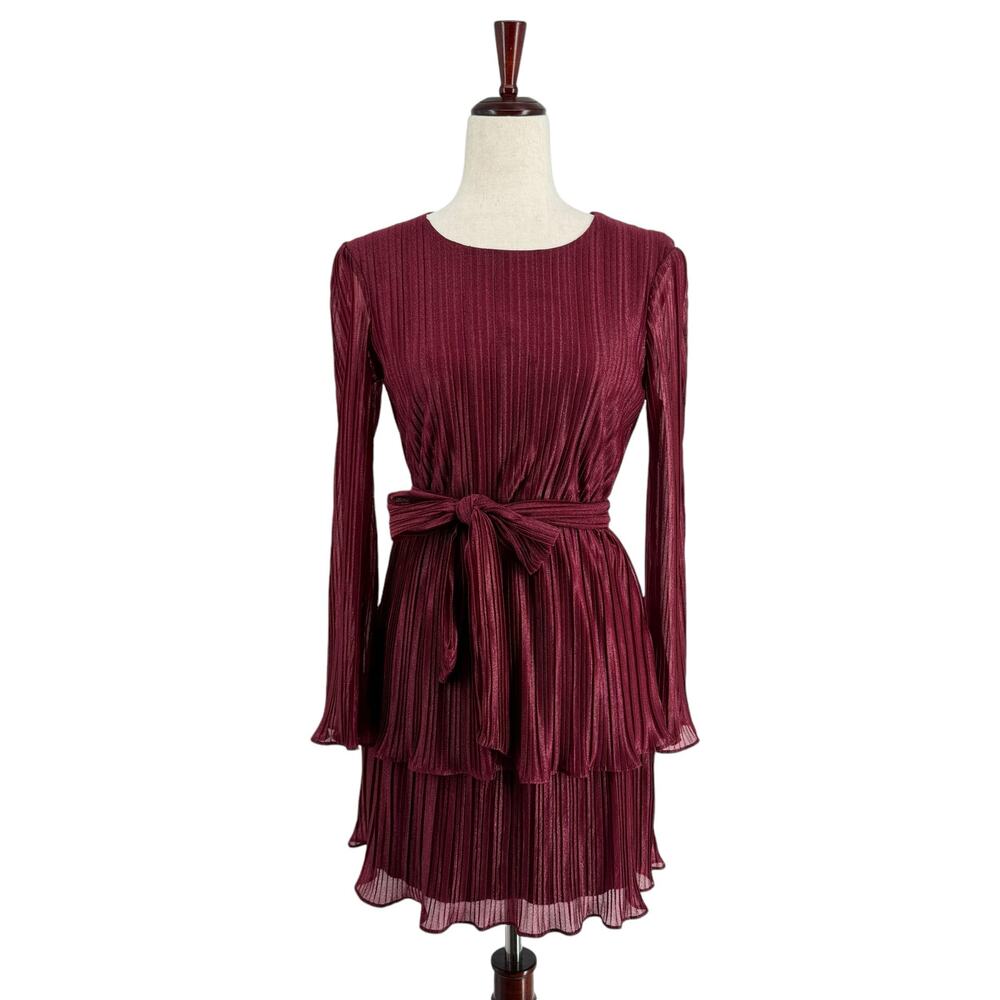 City Studio Pleated Long Sleeve Tiered Ruffle Short Holiday Dress XS Maroon